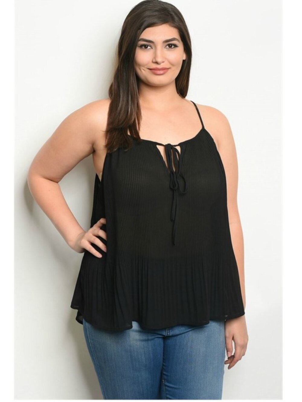 Zenobia Black Semi Sheer Pleated Tank Top Size 1X, 2X